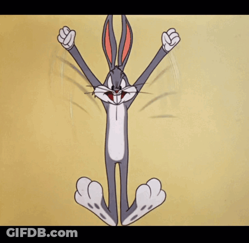 A Cartoon Of Bugs Bunny Sitting In A Lotus Position With His Fists In The Air GIF