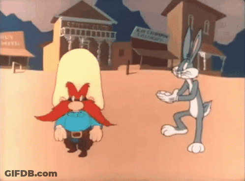 A Cartoon Of Bugs Bunny Standing Next To A Man With A Beard GIF