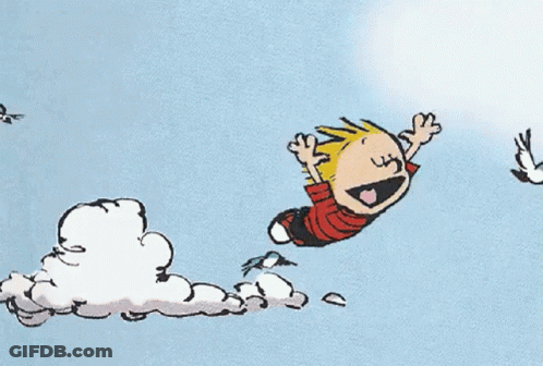 A Cartoon Of Calvin And Hobbes Running In The Sky GIF