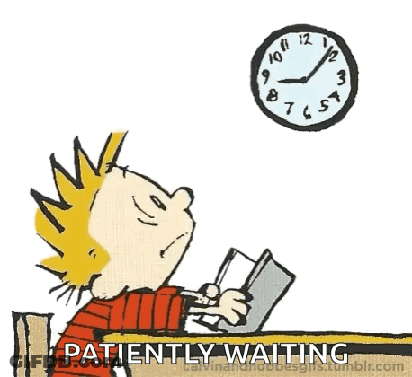 A Cartoon Of Calvin And Hobbes Sitting At A Table Waiting GIF