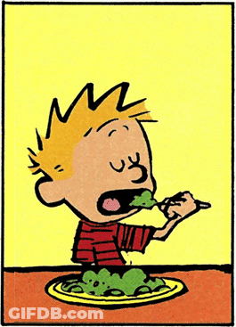 A Cartoon Of Calvin Klein Eating A Salad GIF