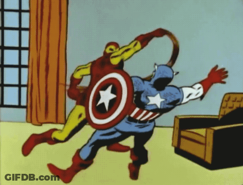 A Cartoon Of Captain America And Iron Man Fighting In A Living Room GIF