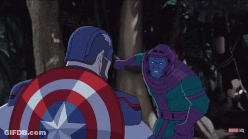 A Cartoon Of Captain America And Kang The Conqueror Fighting GIF