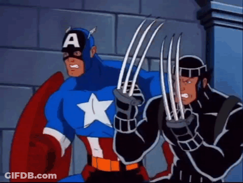 A Cartoon Of Captain America And Wolverine Holding Their Claws Out GIF