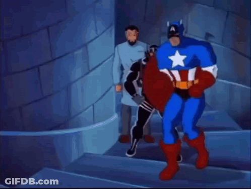 A Cartoon Of Captain America Walking Down Stairs GIF
