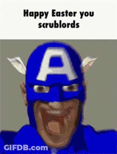 A Cartoon Of Captain America With The Words Happy Easter You Scrublords Below Him GIF
