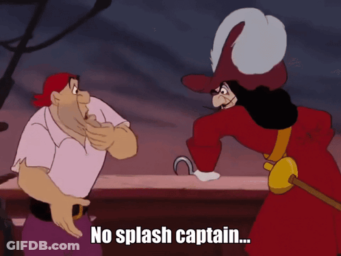 A Cartoon Of Captain Hook Talking To A Man With The Caption No Splash Captain GIF