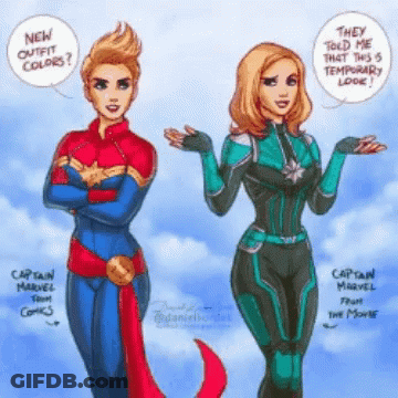 A Cartoon Of Captain Marvel From The Movie And Captain Marvel From The Comic Book GIF