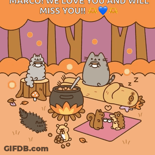 A Cartoon Of Cats And Squirrels With The Words Marco We Love You And Will Miss You At The Top GIF