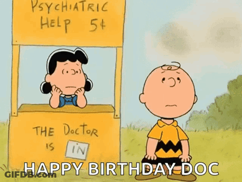 A Cartoon Of Charlie Brown And Lucy Brown In Front Of A Psychiatric Help Stand GIF
