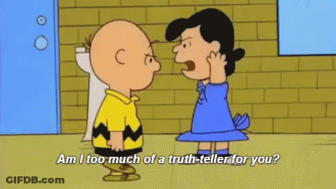 A Cartoon Of Charlie Brown And Lucy Brown Standing Next To Each Other And Talking . GIF