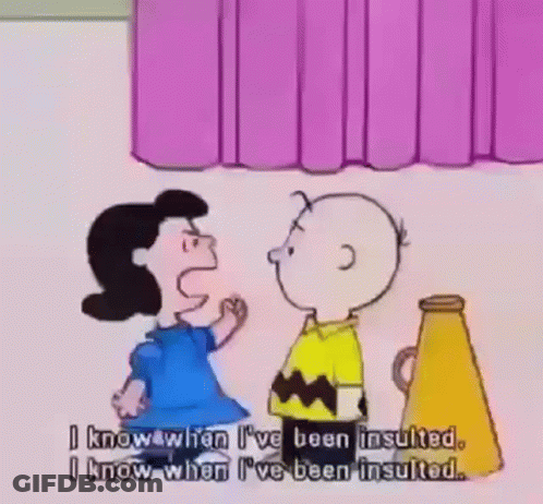 A Cartoon Of Charlie Brown And Lucy Brown Standing Next To Each Other GIF