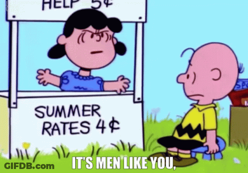 A Cartoon Of Charlie Brown And Lucy Brown Talking To Each Other GIF