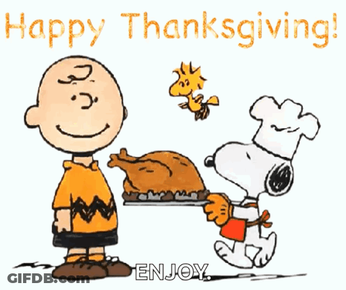 A Cartoon Of Charlie Brown And Snoopy Holding A Turkey With The Words Happy Thanksgiving Enjoy GIF