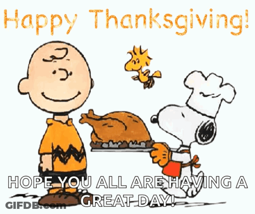 A Cartoon Of Charlie Brown And Snoopy Holding A Turkey With The Words Happy Thanksgiving GIF