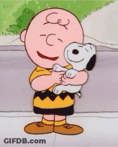 A Cartoon Of Charlie Brown And Snoopy Hugging GIF