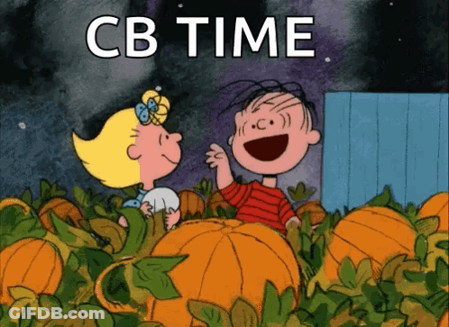 A Cartoon Of Charlie Brown And Snoopy In A Pumpkin Patch With Cb Time Written On The Bottom GIF