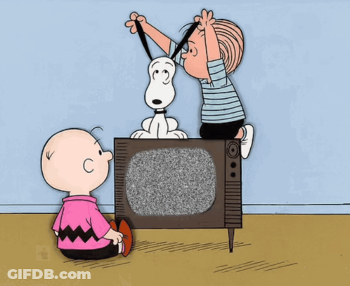 A Cartoon Of Charlie Brown And Snoopy Playing With A TV GIF