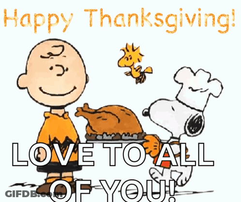 A Cartoon Of Charlie Brown And Snoopy With A Turkey And The Words Happy Thanksgiving Love To All Of You GIF