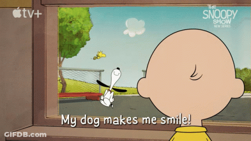 A Cartoon Of Charlie Brown And Snoopy With The Words " My Dog Makes Me Smile " GIF