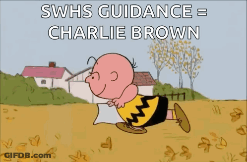 A Cartoon Of Charlie Brown Holding A Pillow With The Words Swhs Guidance = Charlie Brown GIF