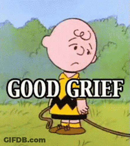 A Cartoon Of Charlie Brown Holding A Rope With The Words " Good Grief " Below Him GIF