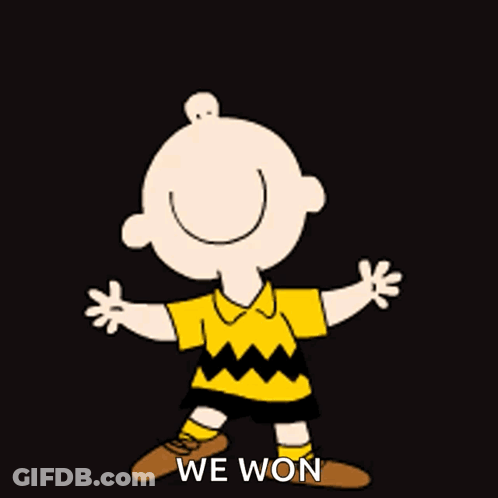 A Cartoon Of Charlie Brown Jumping In The Air With The Words We Won Behind Him GIF