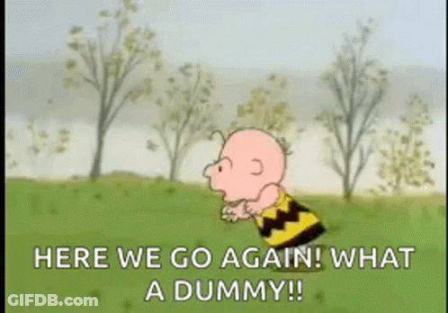 A Cartoon Of Charlie Brown Saying `` Here We Go Again ! What A Dummy ! '' In A Field . GIF