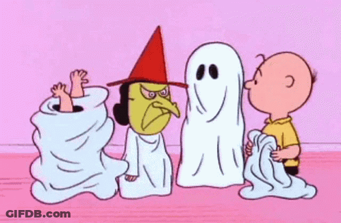 A Cartoon Of Charlie Brown , Snoopy , And A Witch Standing Next To Ghosts . GIF