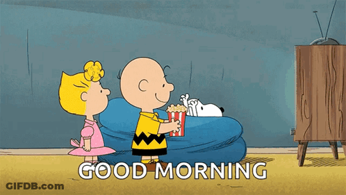A Cartoon Of Charlie Brown , Snoopy And Lucy Saying " Good Morning " GIF