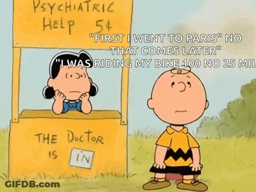 A Cartoon Of Charlie Brown Standing In Front Of A Yellow Psychiatric Help Stand GIF