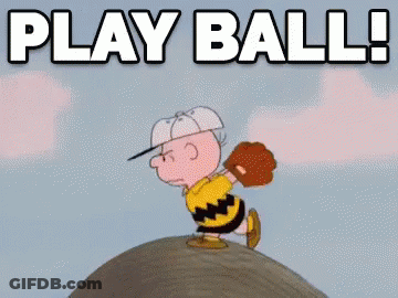 A Cartoon Of Charlie Brown Throwing A Baseball With The Words Play Ball GIF