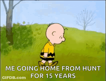 A Cartoon Of Charlie Brown Walking In A Field With The Words `` Me Going Home From Hunt For 15 Years '' GIF