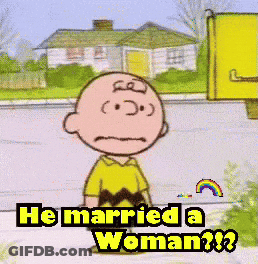 A Cartoon Of Charlie Brown With The Words Good Grief He Married A Woman GIF