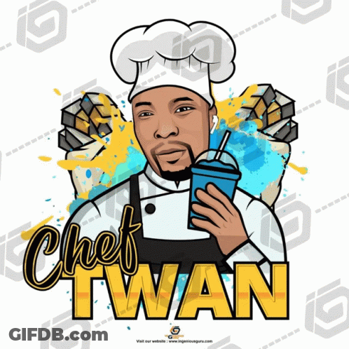 A Cartoon Of Chef Twan Holding A Drink With A Straw GIF