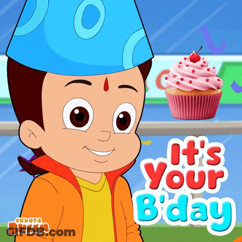 A Cartoon Of Chhota Bheem With A Cupcake And The Words It 'S Your Bday GIF