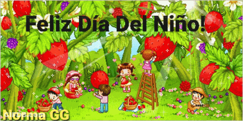 A Cartoon Of Children Picking Strawberries With The Words " Feliz Dia Del Niño " GIF