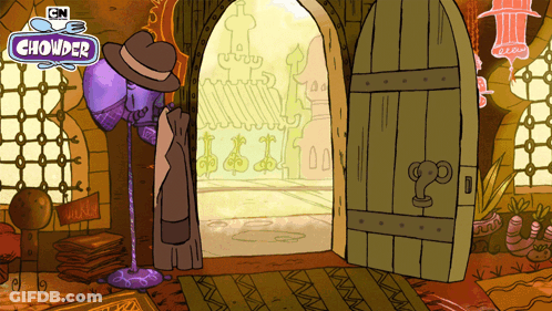 A Cartoon Of Chowder Standing In Front Of A Doorway GIF