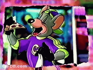 A Cartoon Of Chuck E Cheese Holding A Pizza In His Hand GIF