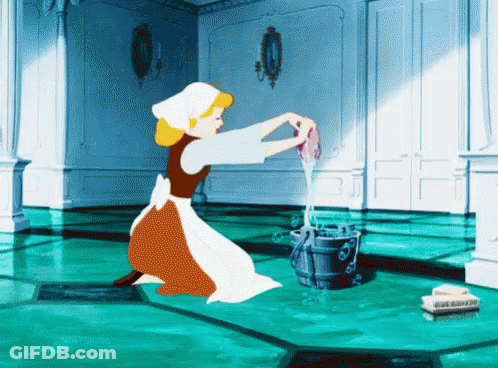 A Cartoon Of Cinderella Cleaning A Floor With A Bucket Of Water GIF