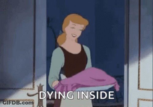 A Cartoon Of Cinderella Holding A Pink Blanket And Saying `` Dying Inside '' GIF