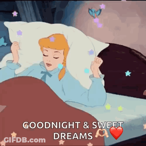 A Cartoon Of Cinderella Sleeping In Bed With The Words Goodnight And Sweet Dreams GIF