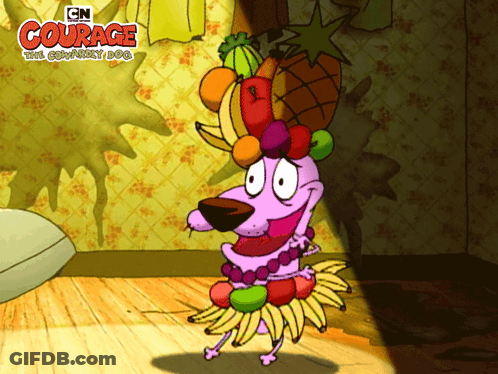 A Cartoon Of Courage The Cowardly Dog Dancing With Fruit On His Head GIF