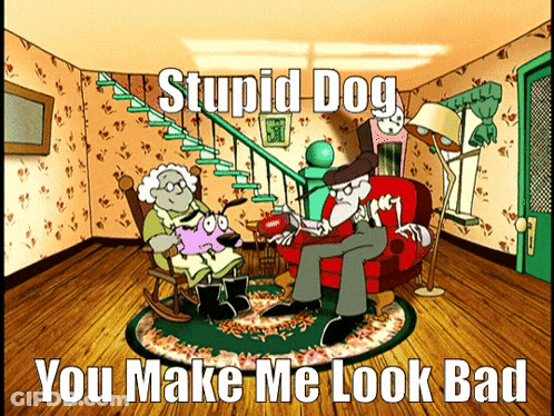 A Cartoon Of Courage The Cowardly Dog Sitting In A Living Room With The Caption Stupid Dog You Make Me Look Bad GIF