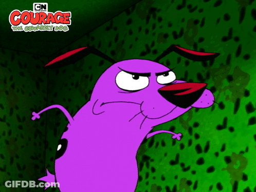 A Cartoon Of Courage The Cowardly Dog Standing In Front Of A Green Wall GIF
