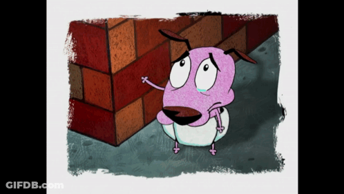 A Cartoon Of Courage The Cowardly Dog Standing Next To A Wall GIF