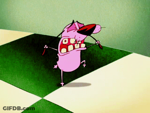 A Cartoon Of Courage The Cowardly Dog Standing On A Checkerboard Floor GIF