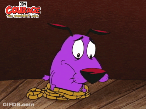 A Cartoon Of Courage The Cowardly Dog Tied Up With A Yellow Rope GIF