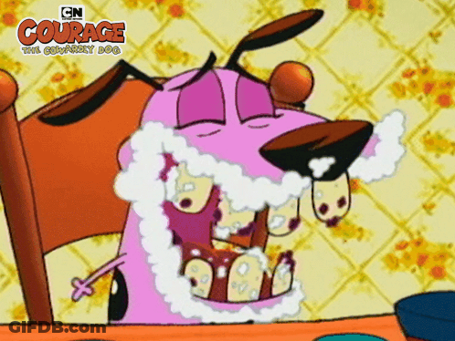 A Cartoon Of Courage The Cowardly Dog With Foam On His Mouth GIF