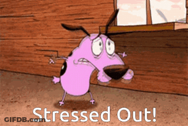 A Cartoon Of Courage The Cowardly Dog With The Words " Stressed Out " Below Him GIF